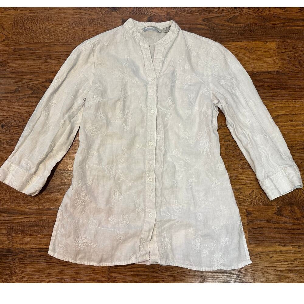 Tweeds Women's Embroidered 100% Linen Tunic Top White Size Small Costal Relaxed